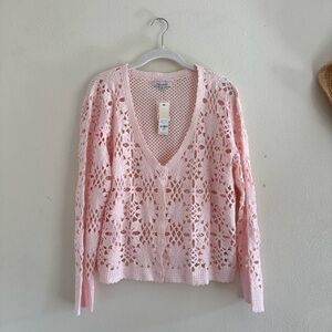 NWT Francesca’s Pink Crochet Button Front Cardigan Floral Knit L